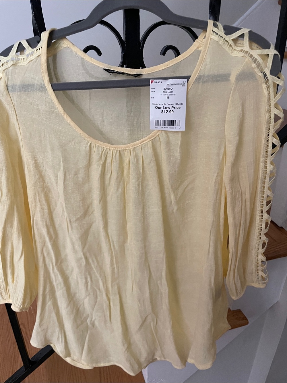 Unique Spectrum Pale Yellow Crochet-Trim Peasant Top